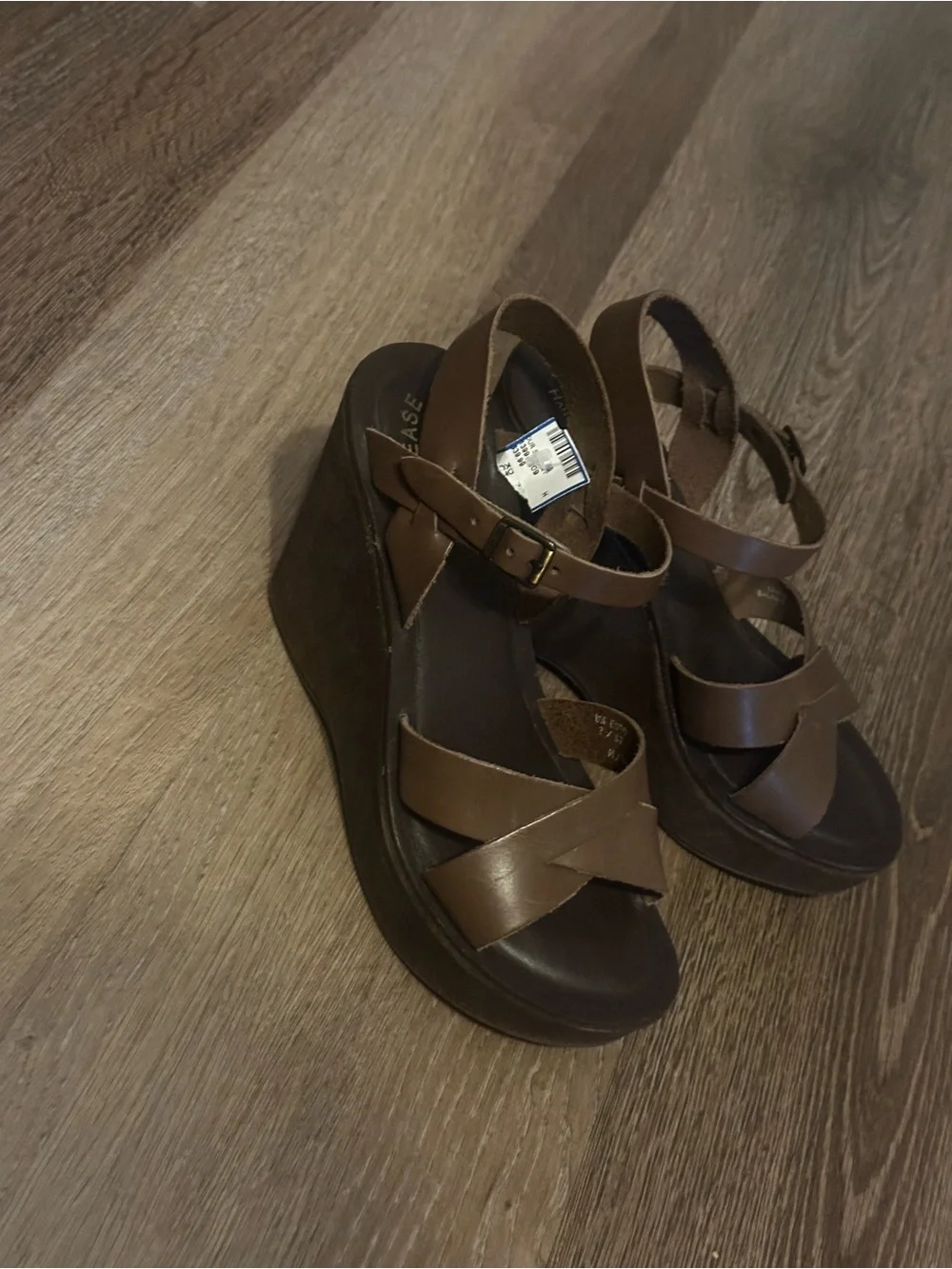 Kork-Ease Brown Leather Wedge Sandals with Ankle Strap